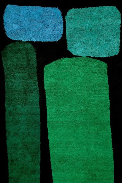 overhead of jewel rug by dinosaur designs green and blue large shapes on black background