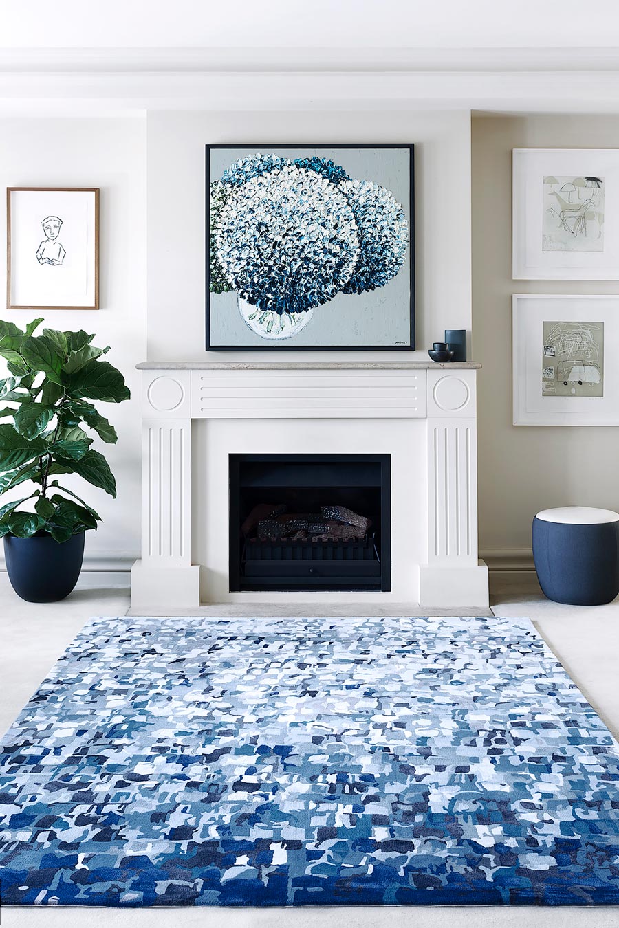 location living room shot of bronte rug by felicia aroney blue painterly