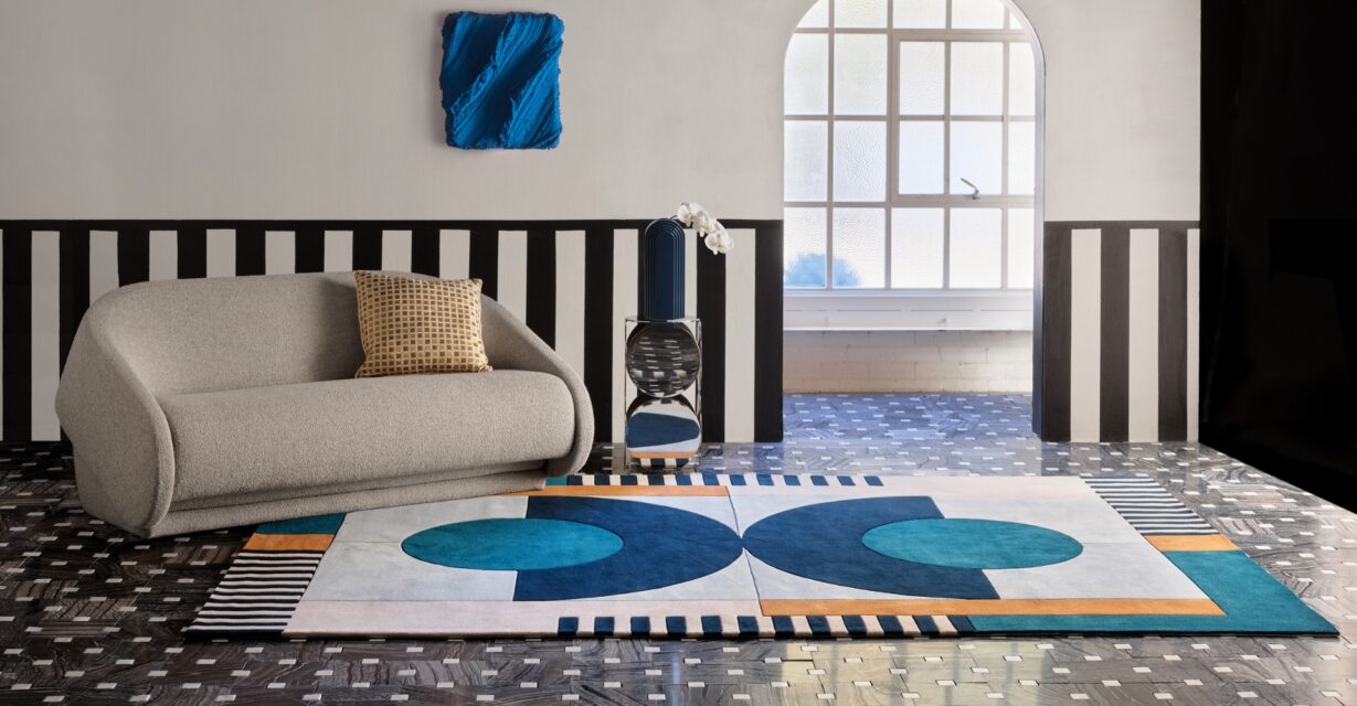 Living room image of geometric Banto rug by Greg Natale