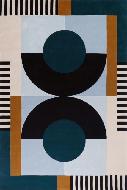 Overhead of geometric Banto rug by Greg Natale