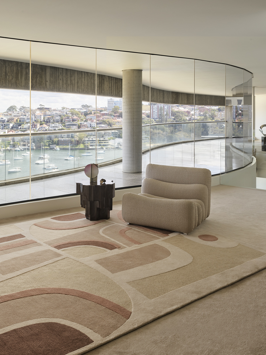 Dura is handknot rug by Greg Natale styled in a sophisticated interior – luxury designer rug with structured geometric pattern, handknotted in wool for elegance, texture, and lasting quality