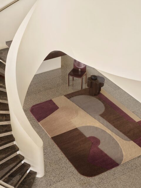 Rozzo wool handknot rug by Greg Natale styled in a modern interior – luxury designer rug with tonal geometric pattern, handknotted in wool for texture, depth, and durability