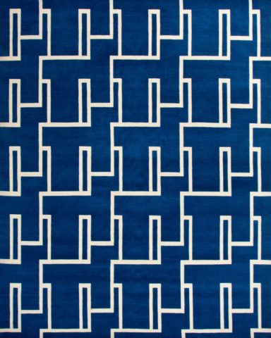 overhead of miami rug by greg natale blue background white lines