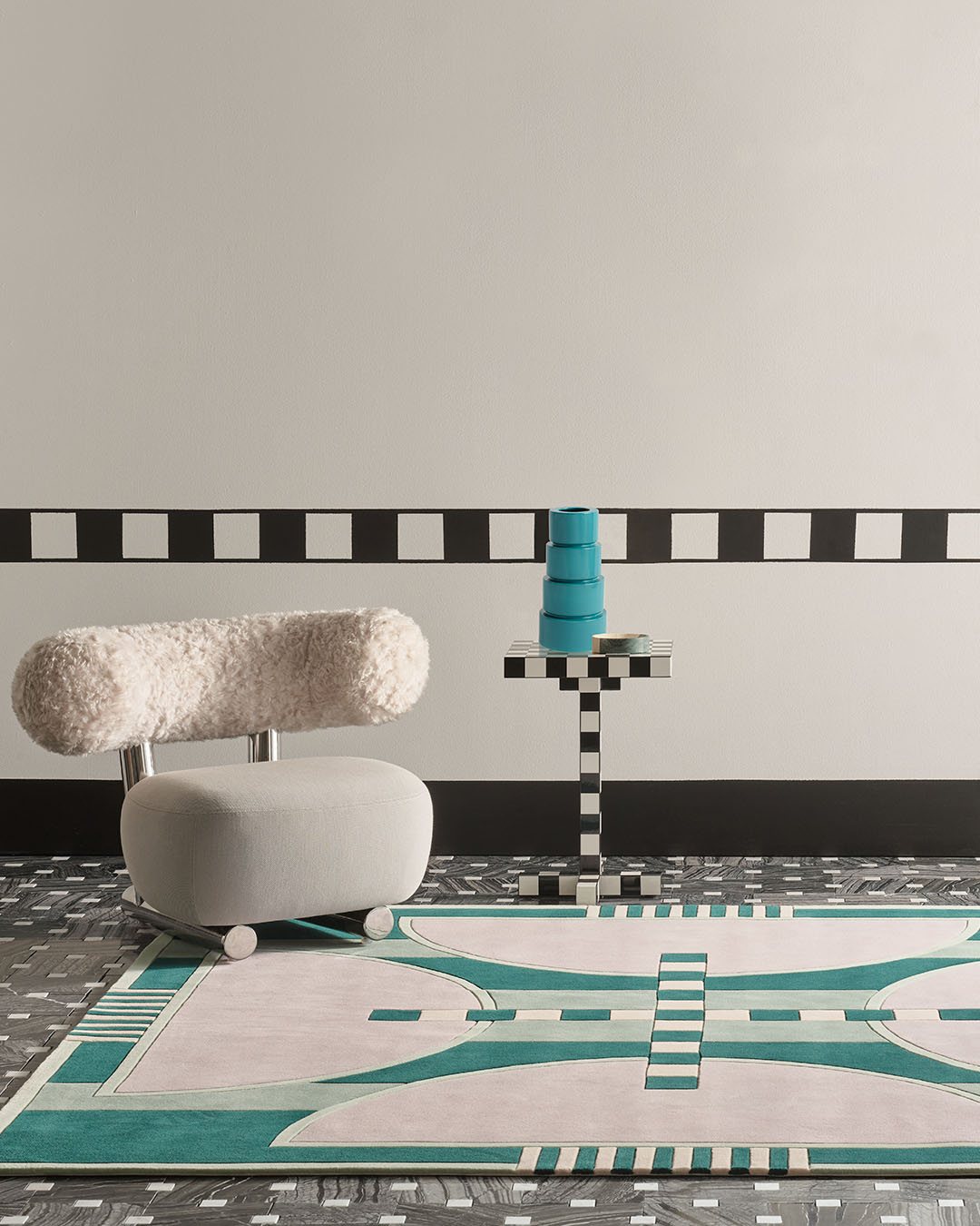 Living room image of geometric Nova rug by Greg Natale