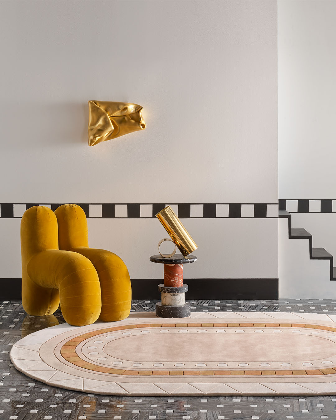 Living room image of geometric Stella rug by Greg Natale