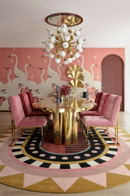 Dining room image of geometric Stella Diva rug by Greg Natale