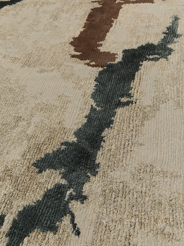 Close up image of organic echo handknot rug by Hare and Klein