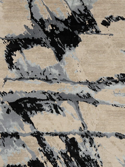Overhead image of organic Shores handknot rug by Hare and Klein in silver, charcoal and beige
