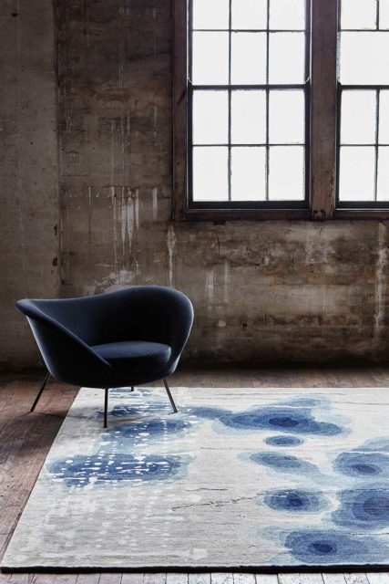 Styled image of painterly Inkblot handknot rug by Hare + Klein
