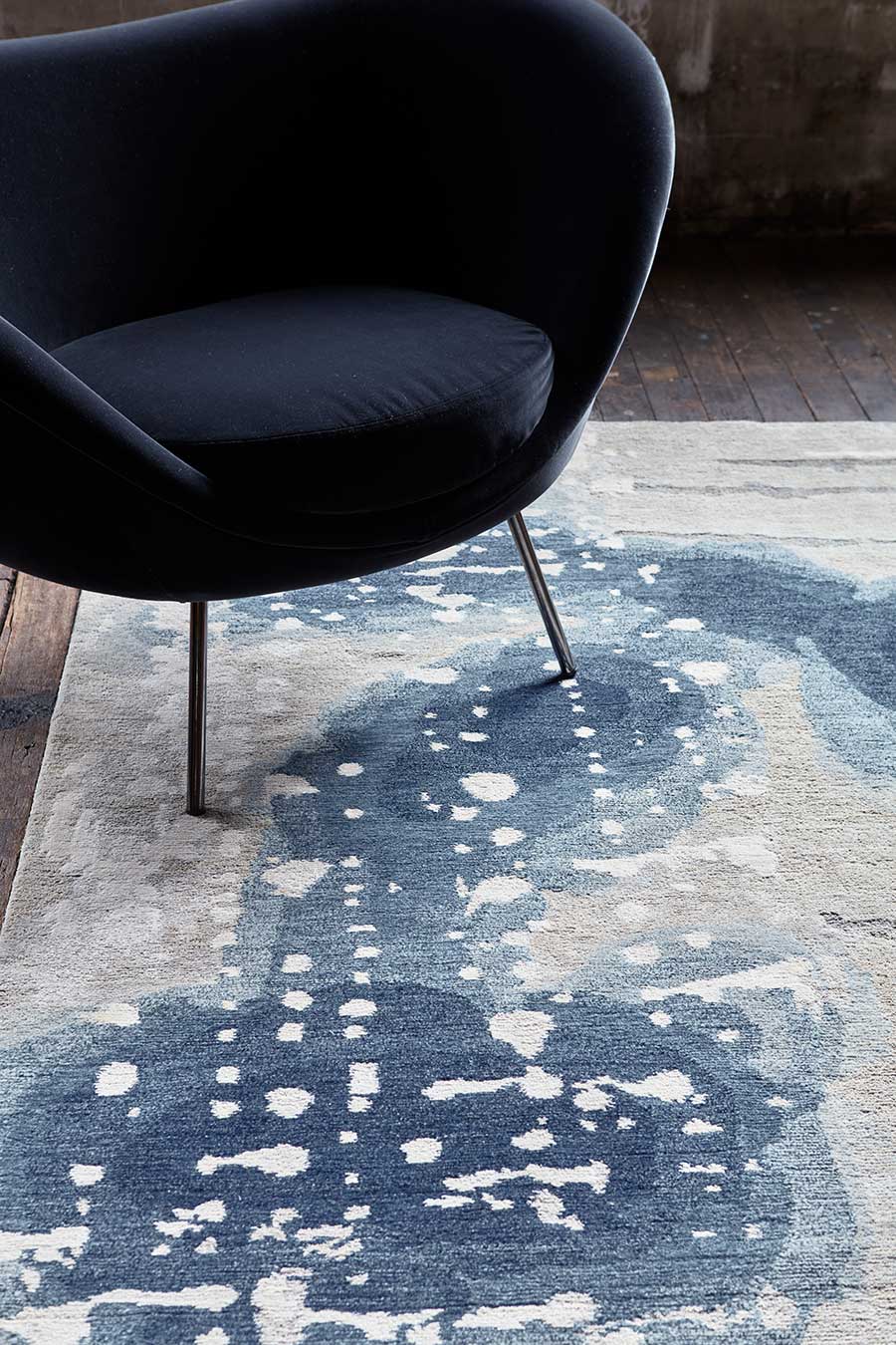 Close up image of painterly Inkblot handknot rug by Hare + Klein