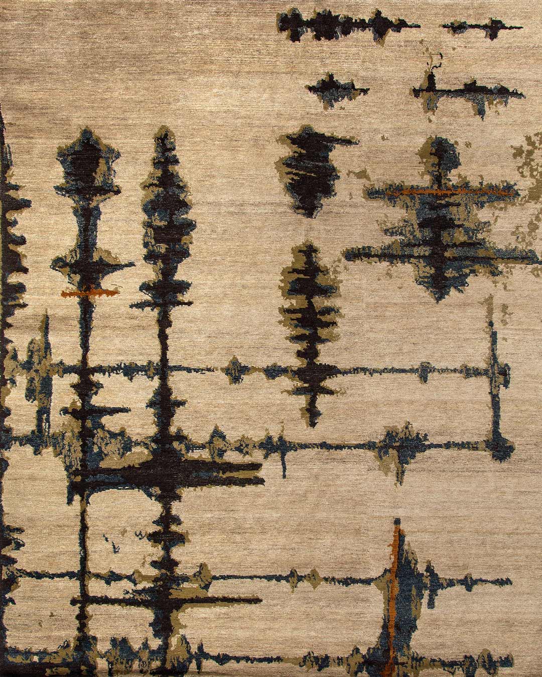 Overhead image of abstract Inlets handknot rug by Hare and Klein in beige colour
