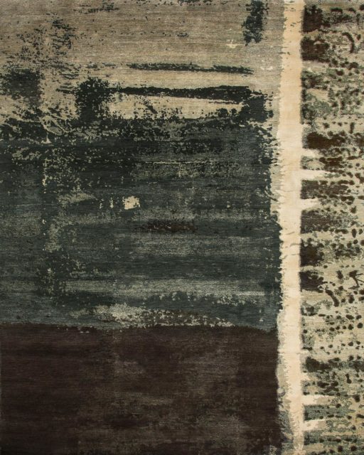 Overhead image of distressed Palimpsest rug by Hare and Klein in green colour