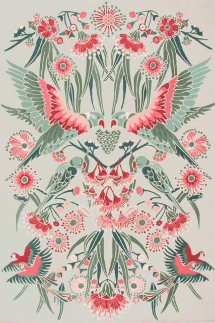 Overhead image of floral Gumnut Paradise rug by House Of Heras in mint green colour