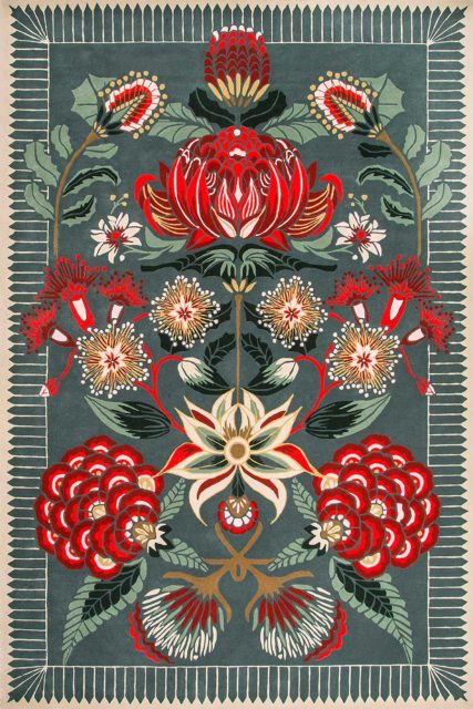 Overhead image of floral Waratah Wonderland rug by House Of Heras in green colour