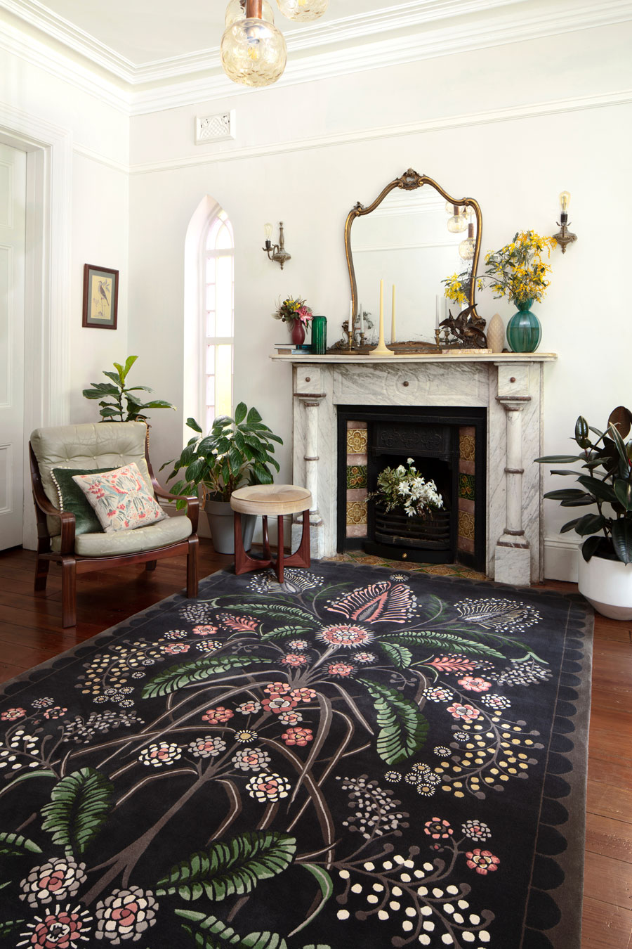 Living room image of floral Wattle Delight rug by House Of Heras in brown colour