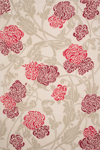Overhead image of floral Chrysanthemum rug in pink and red colour