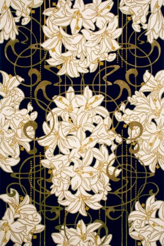 Overhead image of art nouveau Lily Nouveau rug by Kingdom Home in gold colour