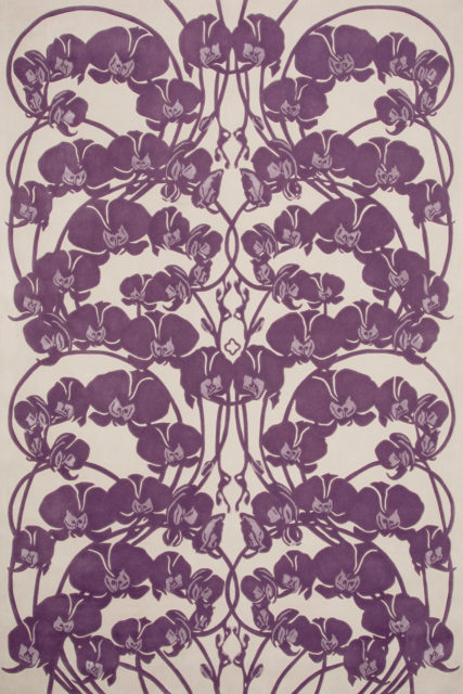 Overhead image of art nouveau Mucha Bloom rug by Kingdom Home in purple colour