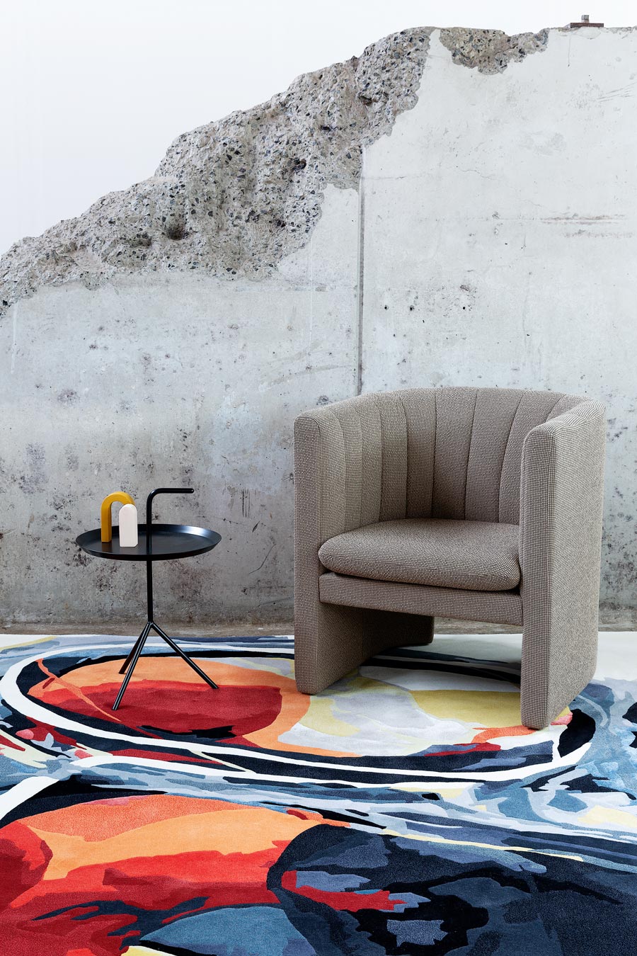 Styled image of painterly Grain Trader rug by Lara Scolari in orange colour