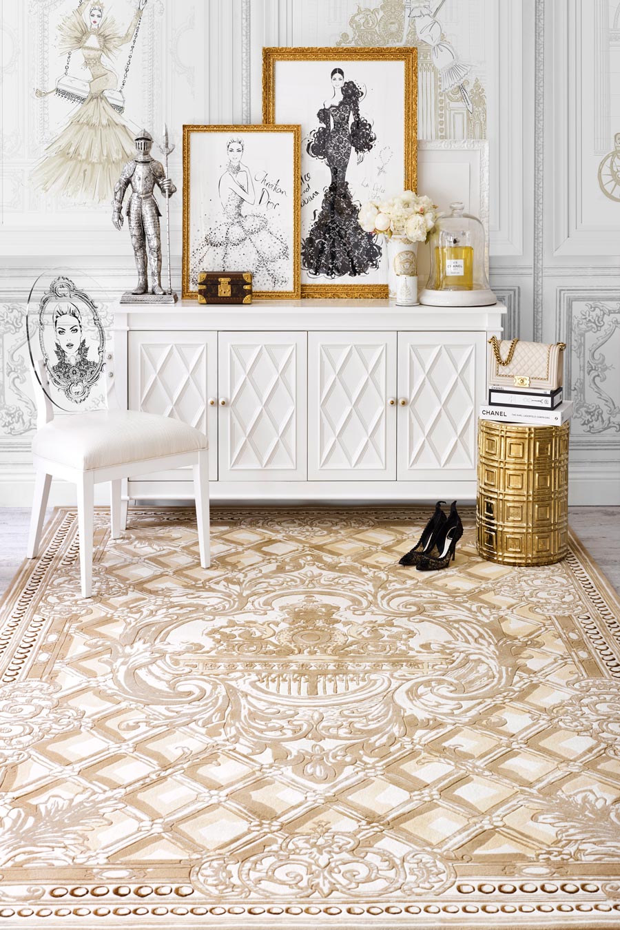 Styled image of classic The Palace Gates rug by Megan Hess in gold colour