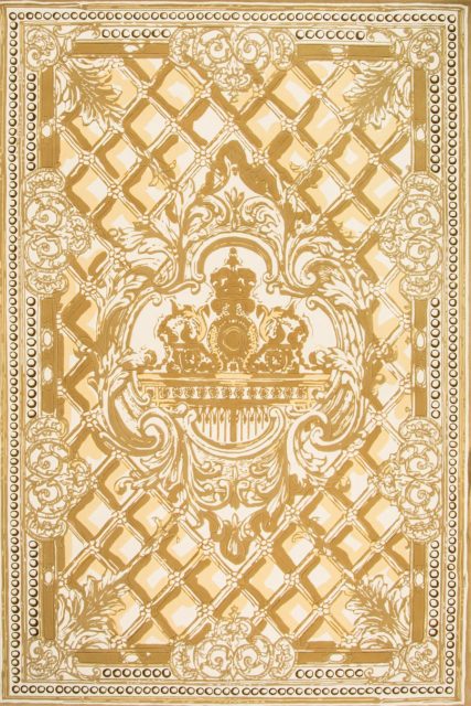 Overhead image of classic The Palace Gates rug by Megan Hess in gold colour