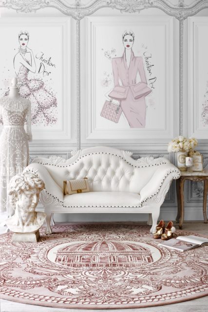 Styled image of classic The Palace Suite rug by Megan Hess in pink colour