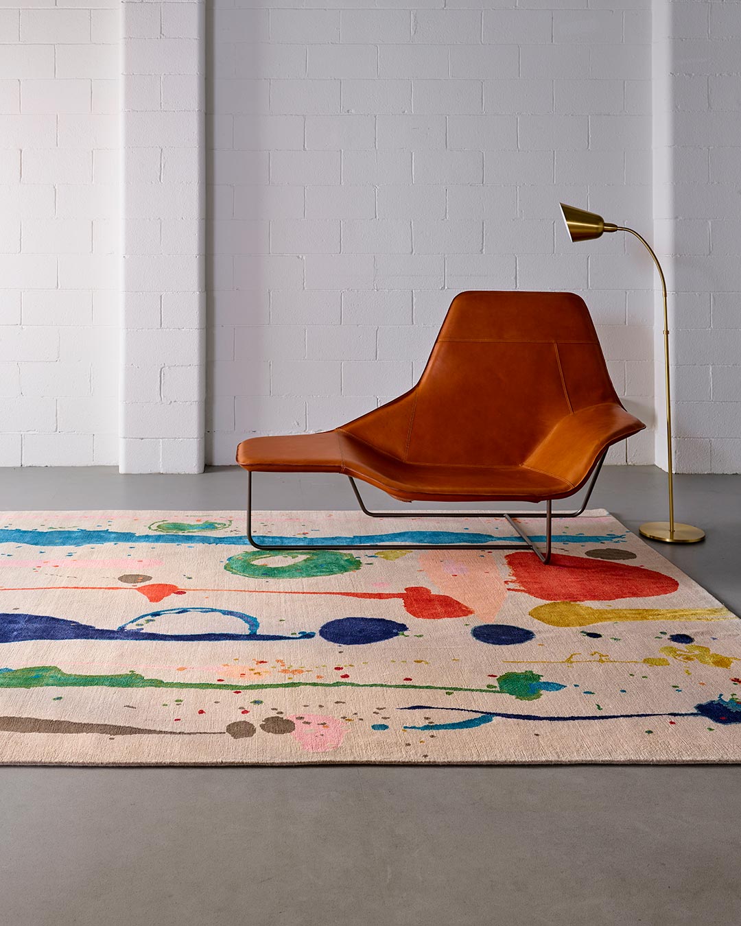 Living room image of painterly Dream Garden rug by Louise Olsen