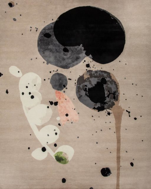Overhead image of painterly Seed Pod rug by Louise Olsen in grey colour