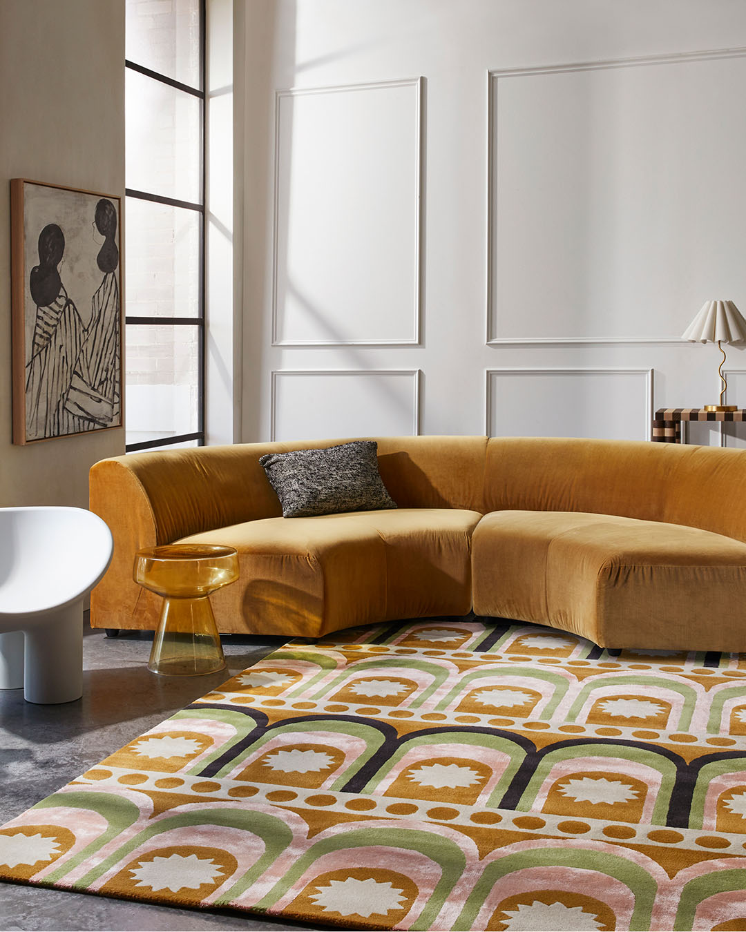 living room image of art deco Nook rug in mustard and pink colour