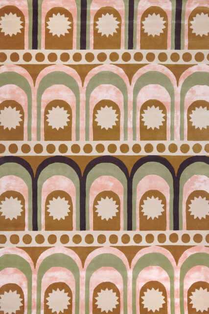 overhead image of art deco Nook rug in mustard and pink colour