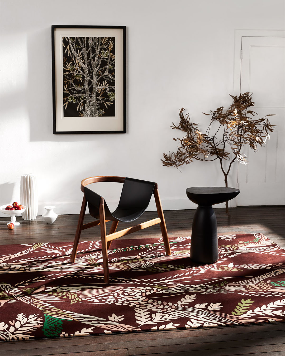 Styled image of floral Native Resonancess rug by Tamika Grant Iramu