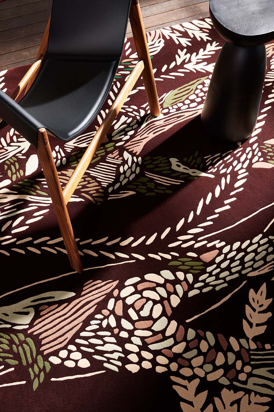 Styled close up image of floral Native Resonancess rug by Tamika Grant Iramu