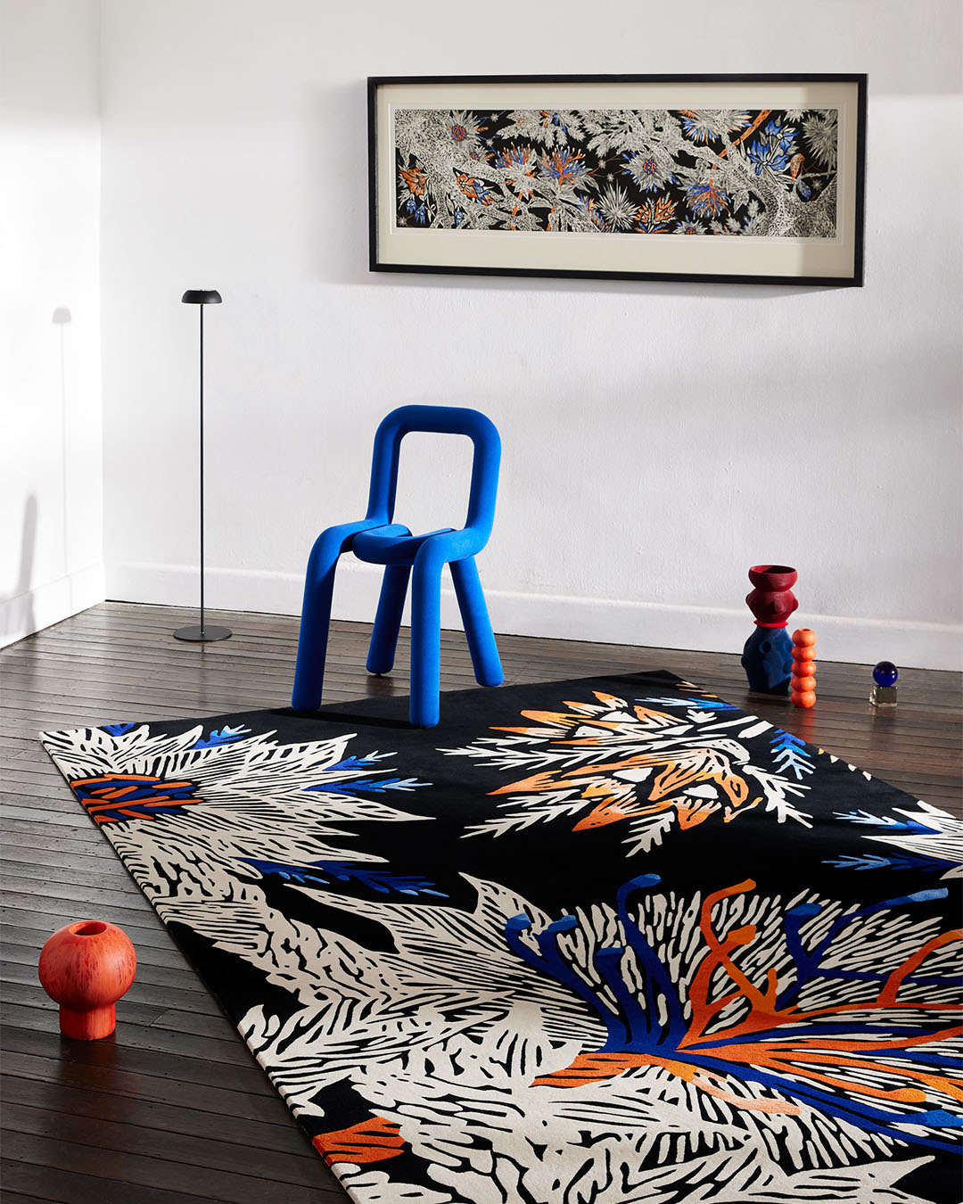 Styled image of floral Complex Ecologies rug by Tamika Grant Iramu