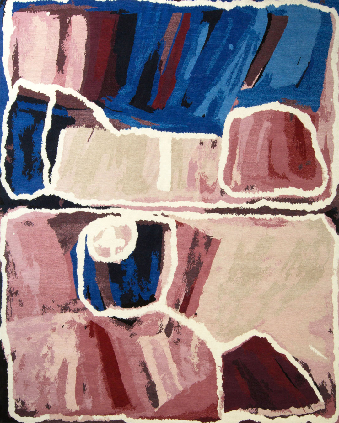 Overhead view of indigenous rug Kirriwirri in blue and pink colour