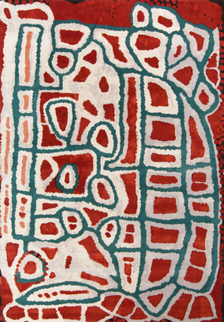 Overhead view of indigenous Lungarung rug in red and green colour