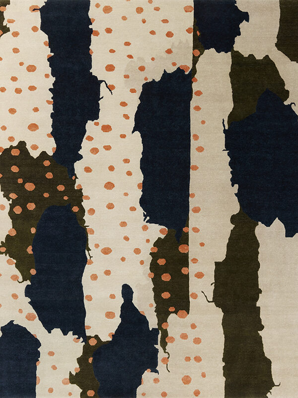 Overhead view of Scout rug in navy, green, pink, beige, silver
