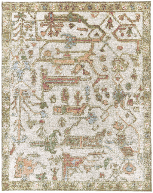 overhead image of the Biraz rug from the Oushak Collection, featuring a traditional pattern in cream, olive, terracotta and turquoise beneath a tan leather chair.