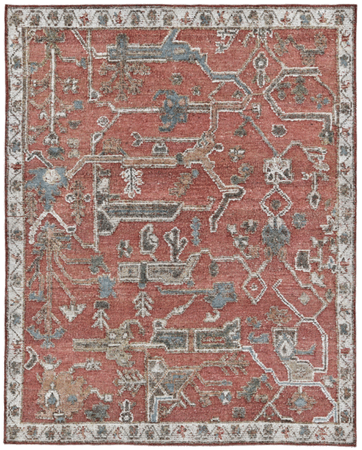 Overhead image of the Biri rug from the Oushak Collection, featuring a red, cream and muted blue traditional