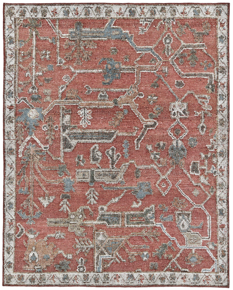 Overhead image of the Biri rug from the Oushak Collection, featuring a red, cream and muted blue traditional