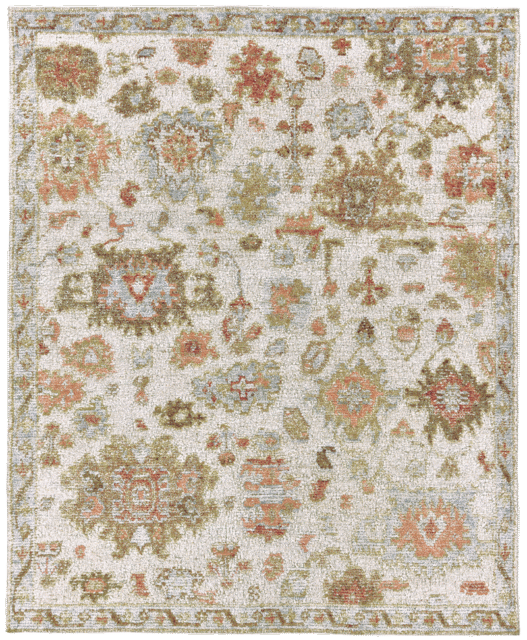 Overhead image of the Hemen rug from the Oushak Collection, featuring a traditional pattern in cream, soft blue, olive and terracotta.