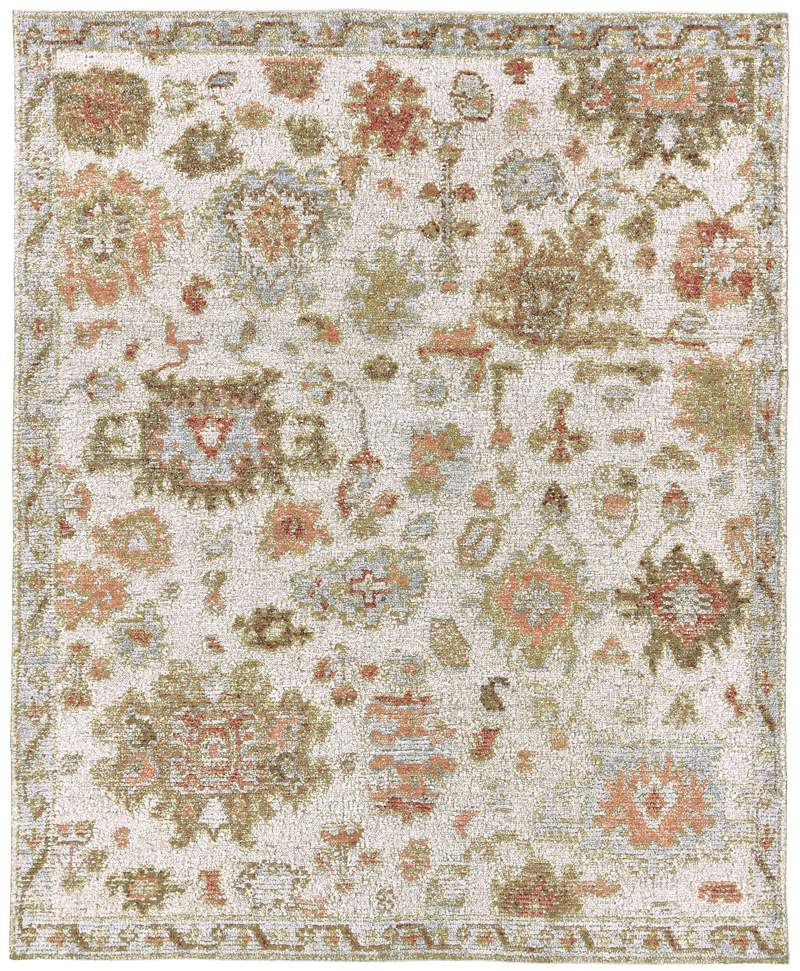 Overhead image of the Hemen rug from the Oushak Collection, featuring a traditional pattern in cream, soft blue, olive and terracotta.