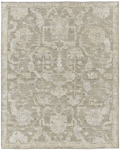 overhead image of the Olarak rug from the Oushak Collection, featuring a textured taupe, grey and cream pattern.