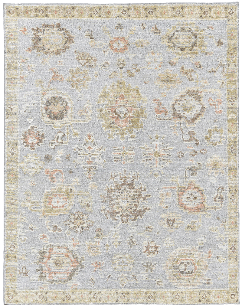 Overhead image of the Yok Blue rug from the Oushak Collection, featuring a soft blue, beige and terracotta traditional pattern