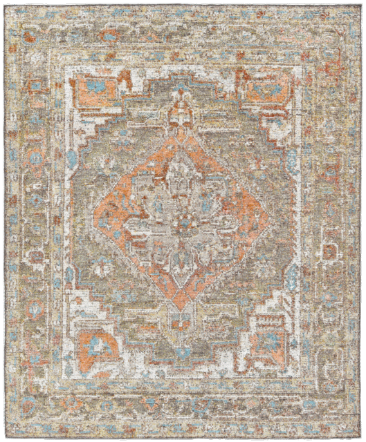 Overhead image of the Zaman rug from the Oushak Collection, featuring a traditional pattern in olive, cream, terracotta and turquoise