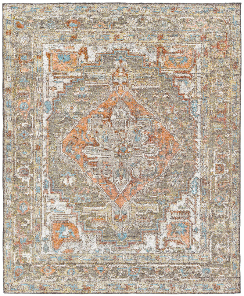 Overhead image of the Zaman rug from the Oushak Collection, featuring a traditional pattern in olive, cream, terracotta and turquoise