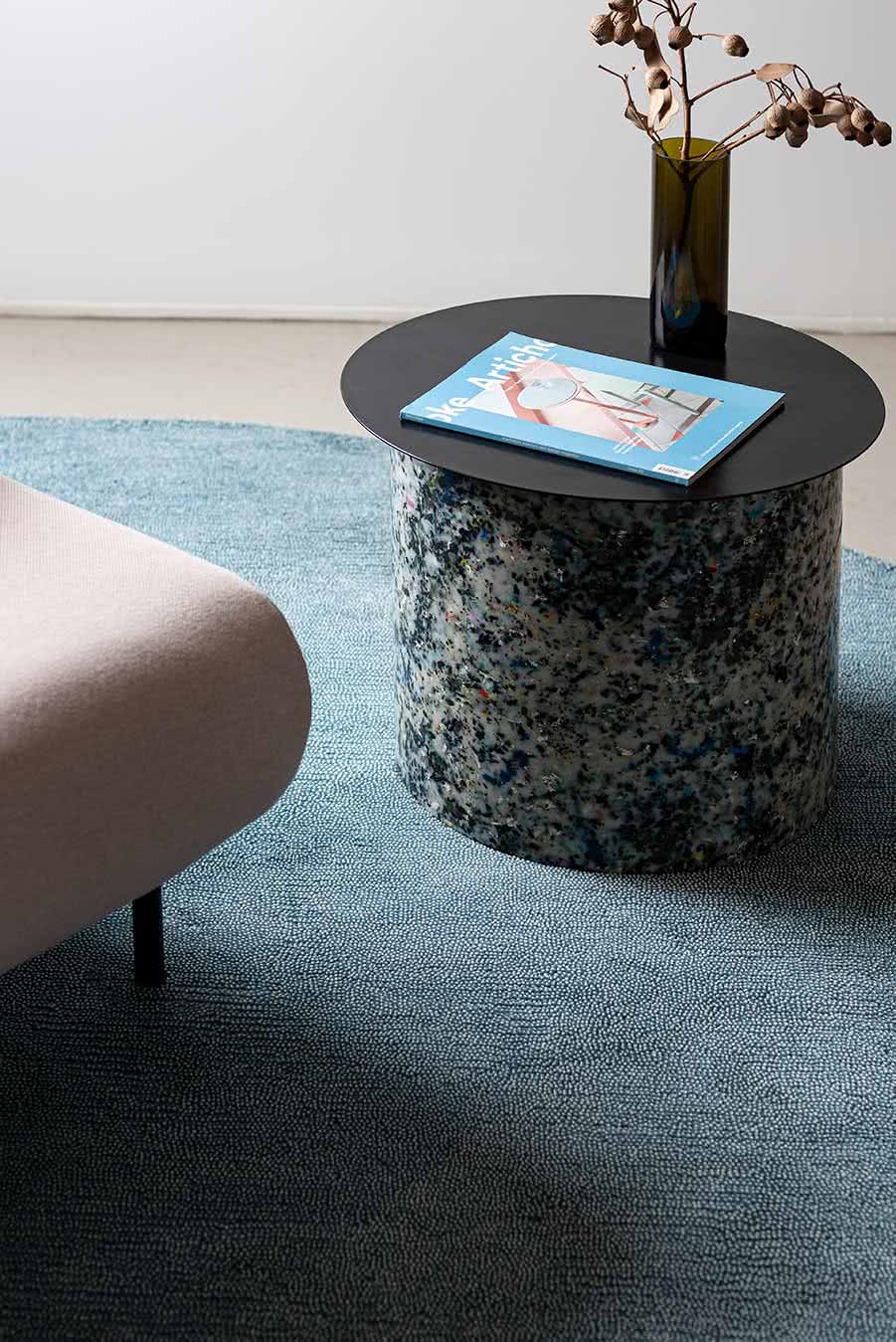 Living room view of textured Coral Cut Pile rug in blue colour