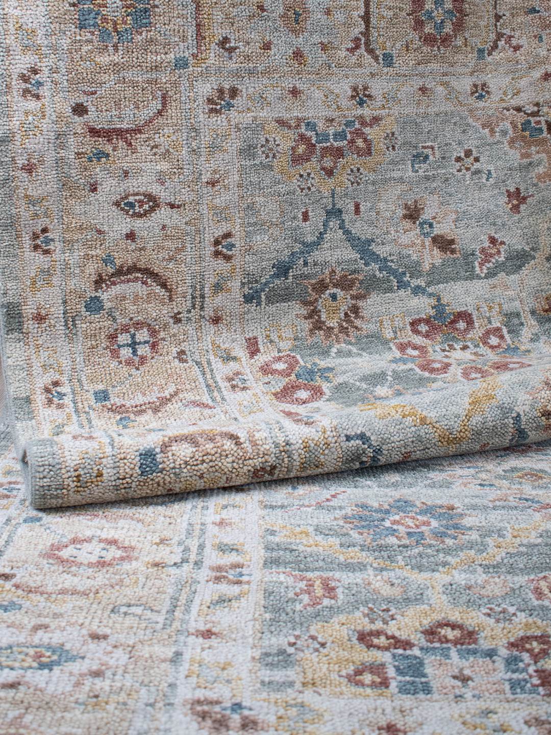 image of the Haveli seafoam handknotted rug, showcasing its intricate texture