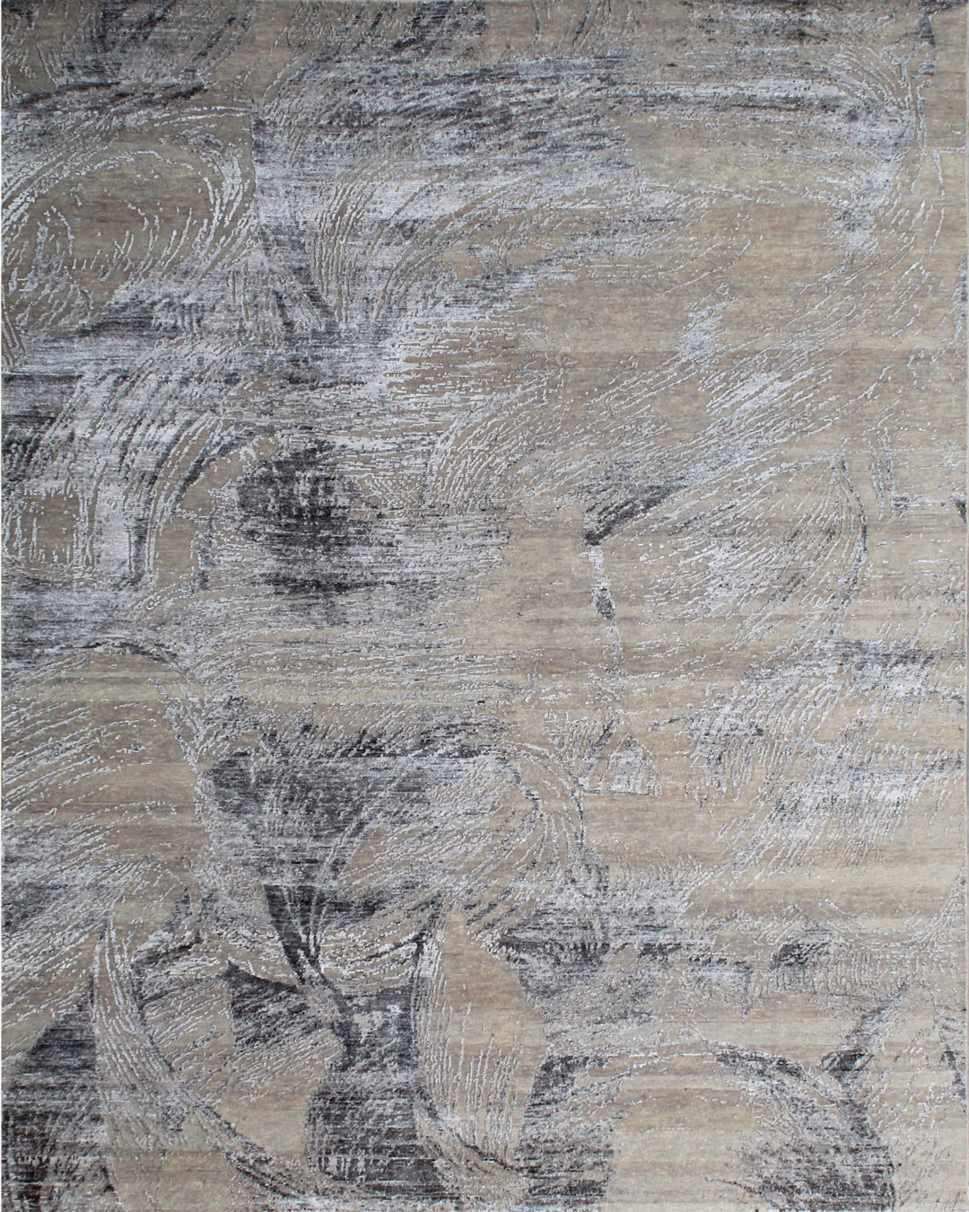 Overhead image of painterly Achilles rug in grey colour