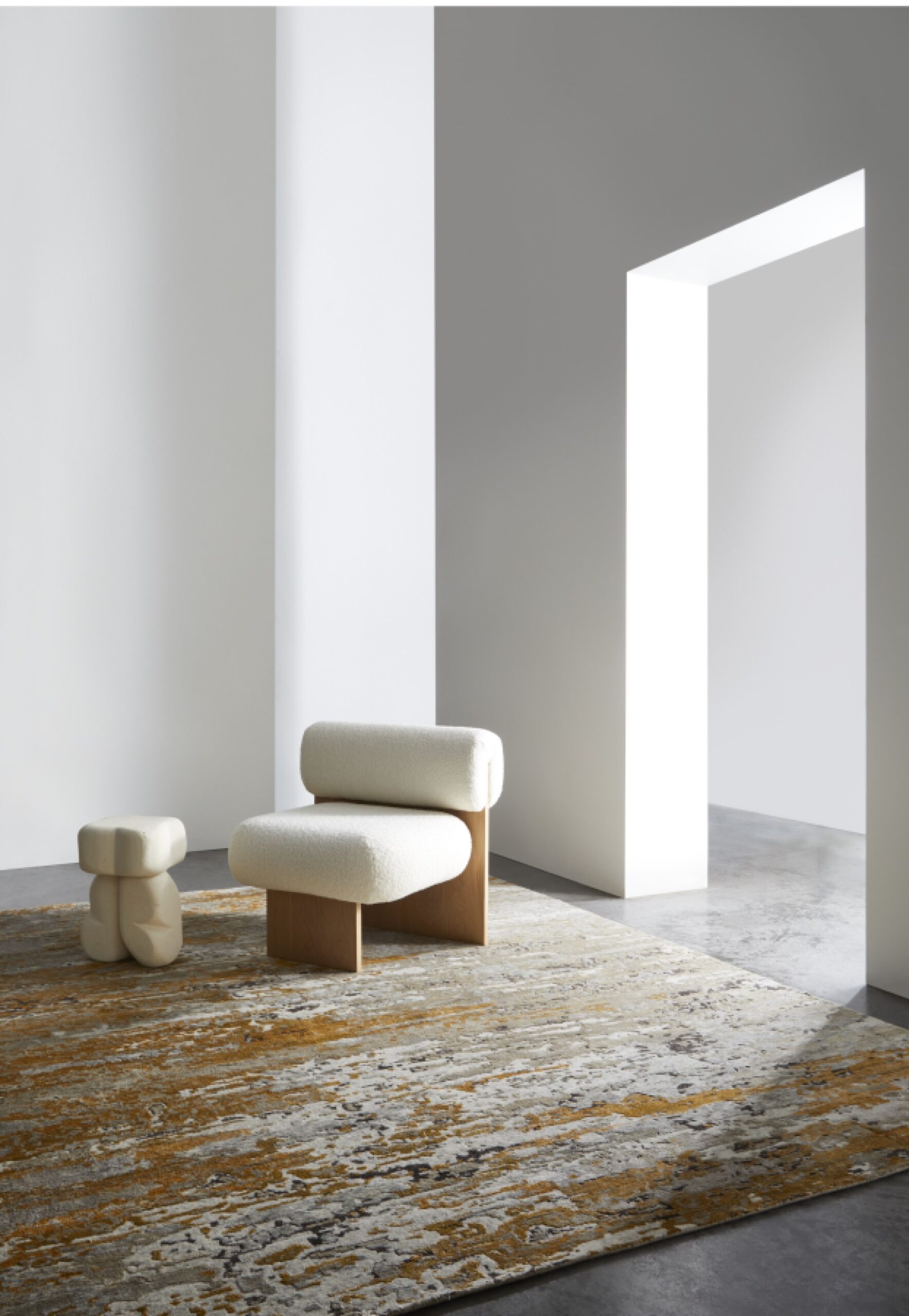Living room view of distressed Aegean rug in gold colour