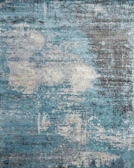 Overhead image of textural Aria rug in blue colour